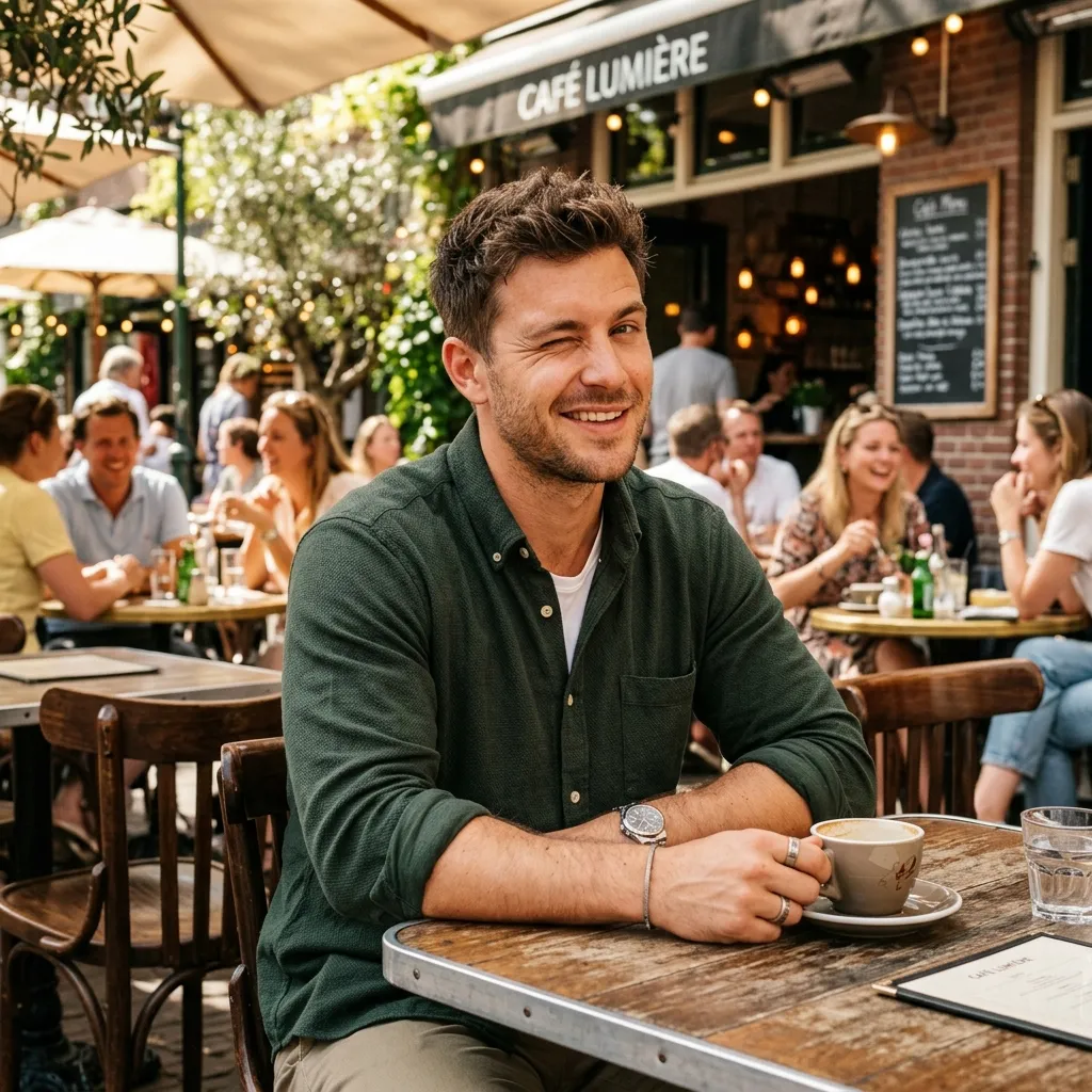 Handsome man laughing at a text message representing a good Tinder opener
