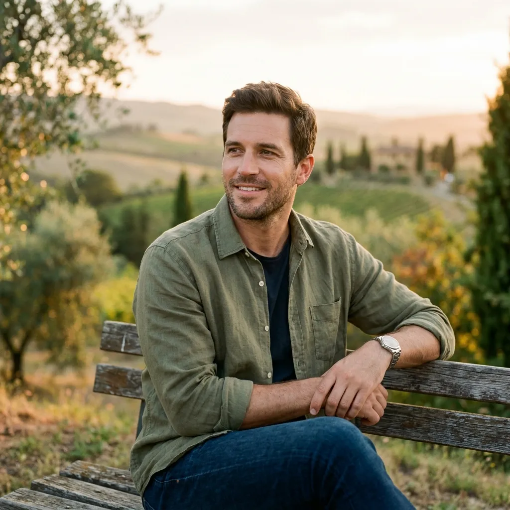 Realistic AI generated full-body dating photo for Tinder in Sunday Coffee style