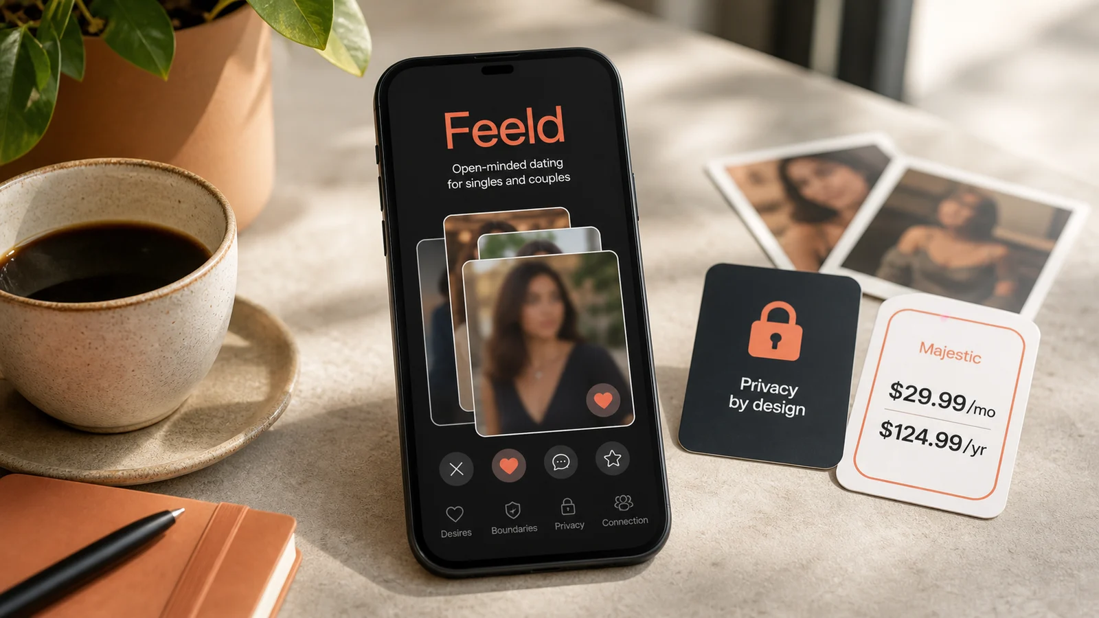 Feeld app review hero image showing a Feeld-inspired app screen, privacy card, and US Majestic pricing card