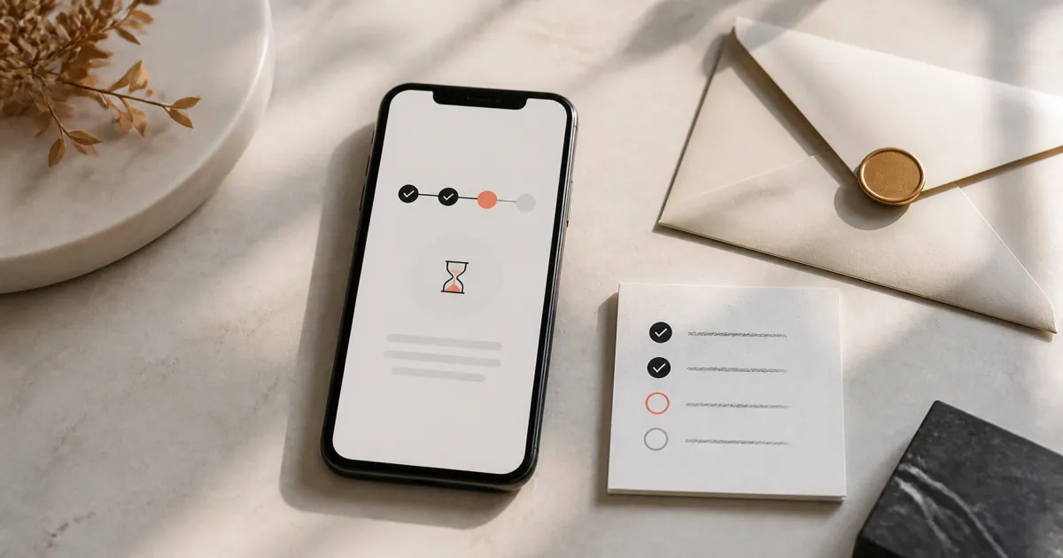 Phone showing a selective dating app application review queue beside a referral envelope and checklist