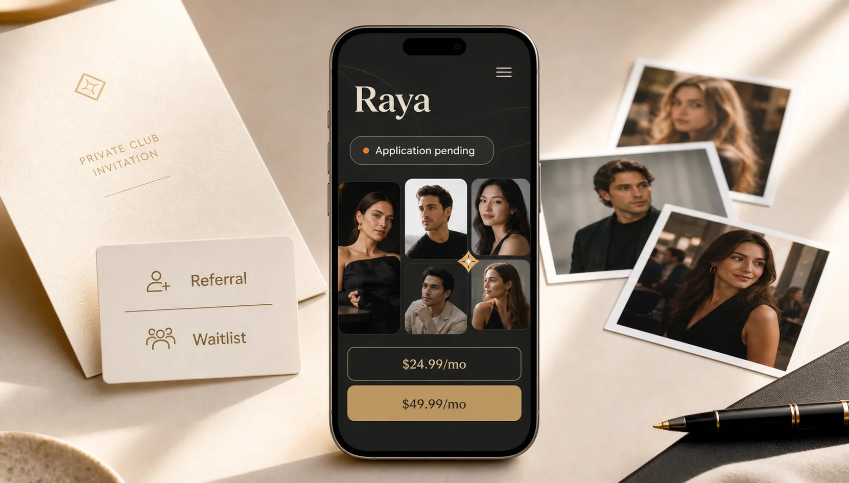 Raya app application waitlist referral and US membership pricing on a phone
