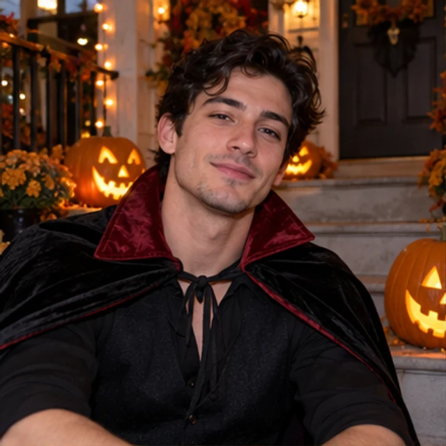 Man in a vampire cape beside a pumpkin-lit porch — Halloween AI dating profile photo for Tinder, Bumble and Hinge