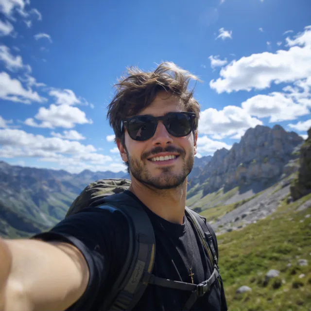 Homme prenant un selfie sur le sentier — photo IA de rencontre en randonnée de montagne