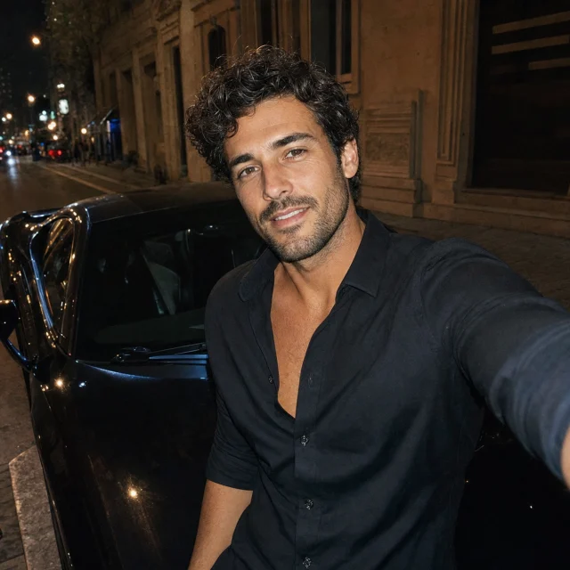 Man photographed beside a black luxury sports car at night - AI generated dating photo for Tinder, Bumble, and Hinge