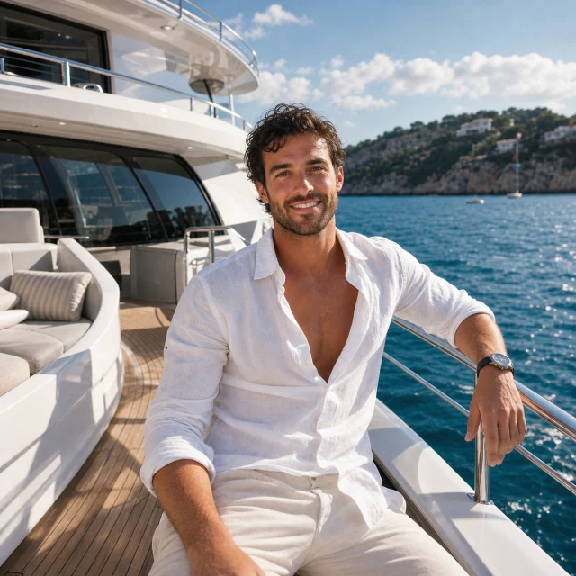 Man on luxury yacht deck with ocean and coastline behind him - AI generated Tinder dating profile photo